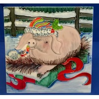 BENAYA PORCELAIN DISPLAY TILE, TRIVET OR TEAPOT STAND - CHRISTMAS PIG